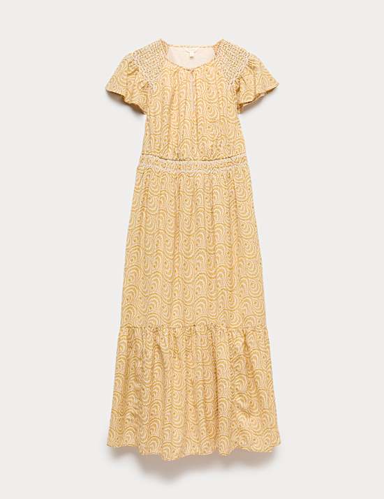 Cotton Rich Printed Midi Waisted Dress