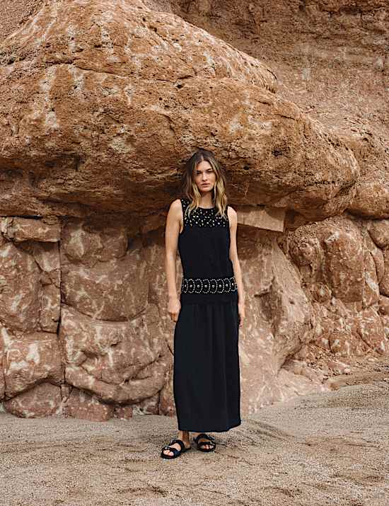 Pure Cotton Crochet Style Double Cloth Mix Midi Dress