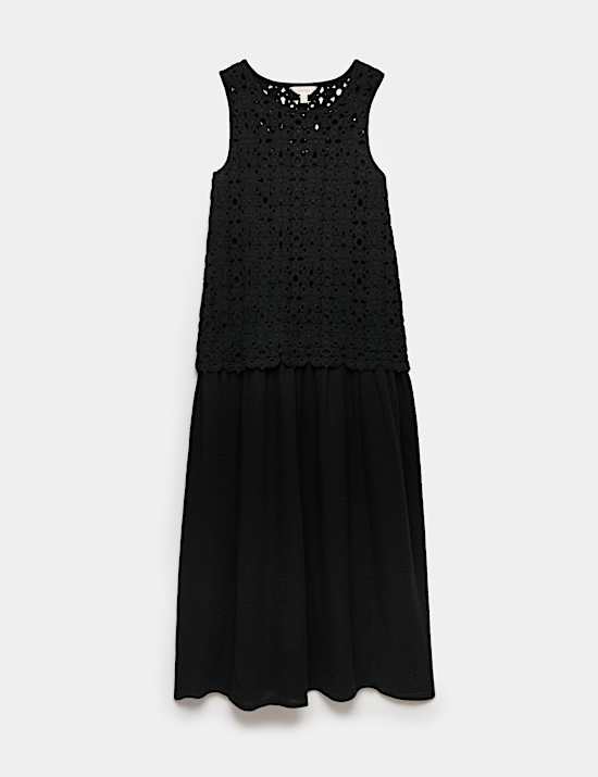 Pure Cotton Crochet Style Double Cloth Mix Midi Dress
