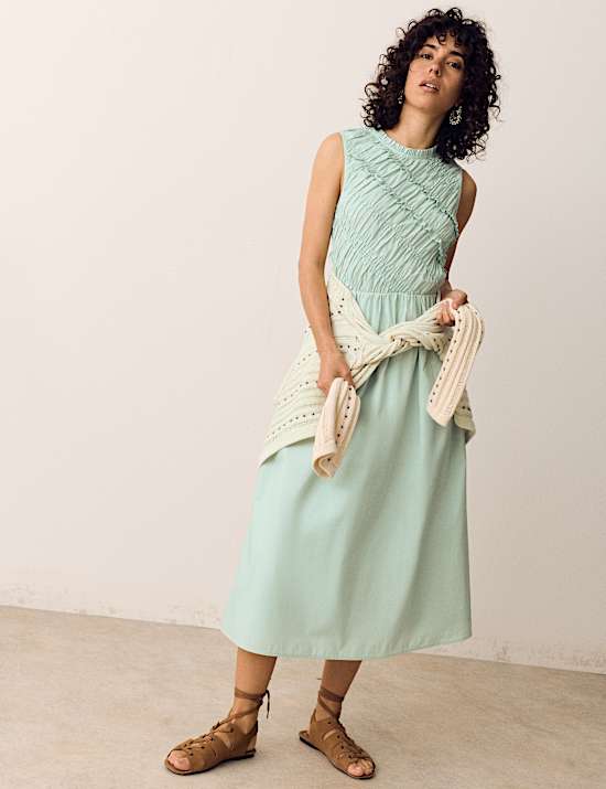 Pure Cotton Shirred Sleeveless Midi Dress