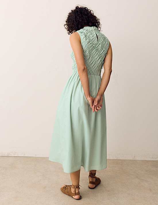 Pure Cotton Shirred Sleeveless Midi Dress