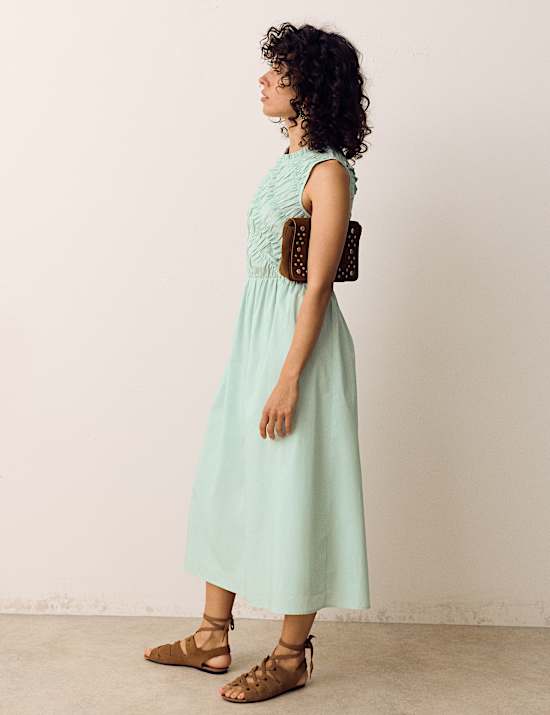 Pure Cotton Shirred Sleeveless Midi Dress