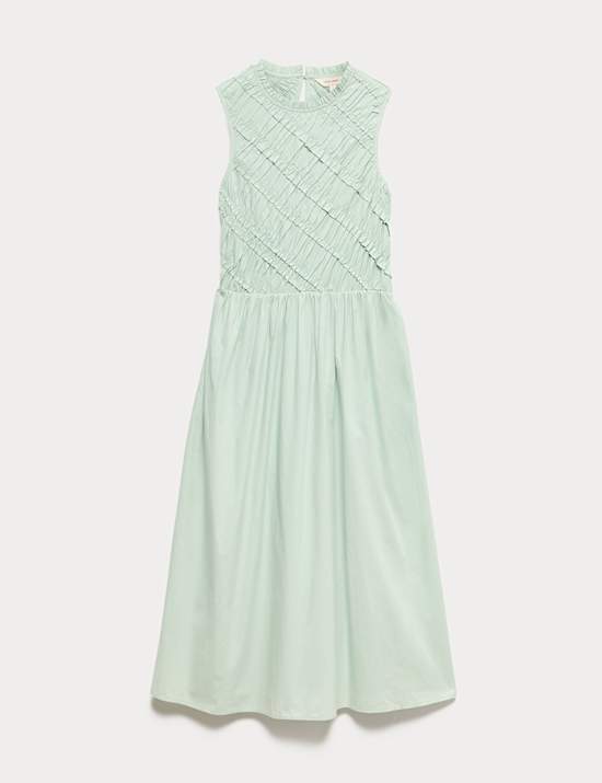 Pure Cotton Shirred Sleeveless Midi Dress
