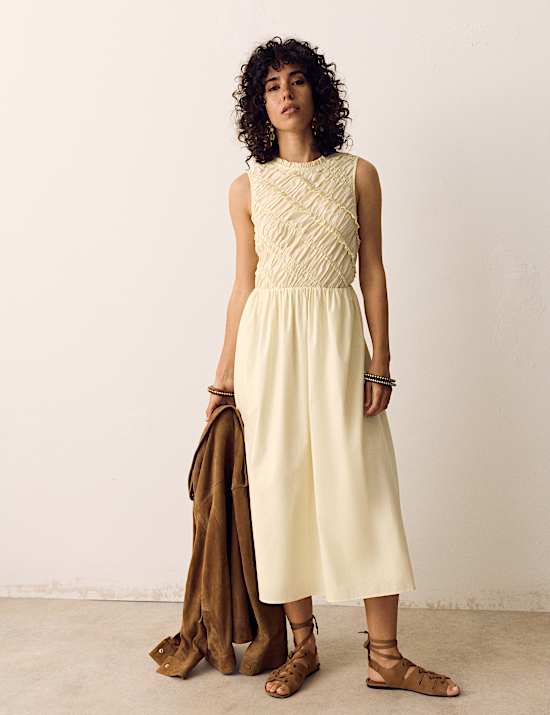 Pure Cotton Shirred Sleeveless Midi Dress