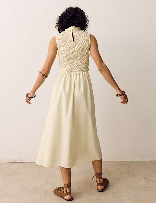 Pure Cotton Shirred Sleeveless Midi Dress