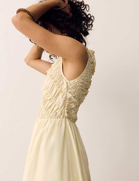 Pure Cotton Shirred Sleeveless Midi Dress