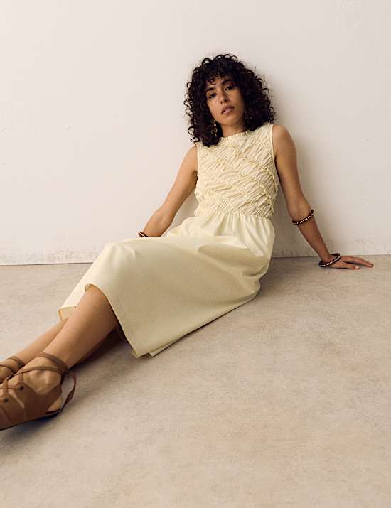 Pure Cotton Shirred Sleeveless Midi Dress