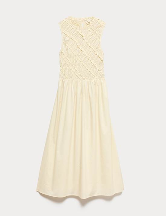 Pure Cotton Shirred Sleeveless Midi Dress