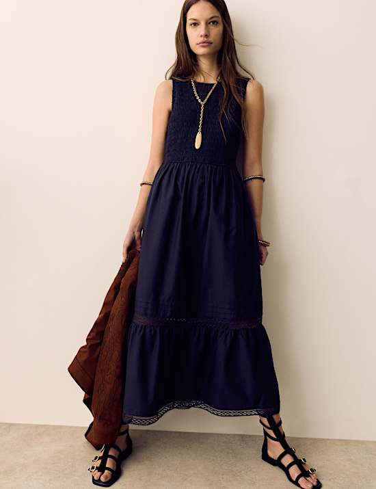 Pure Cotton Midi Shirred Dress