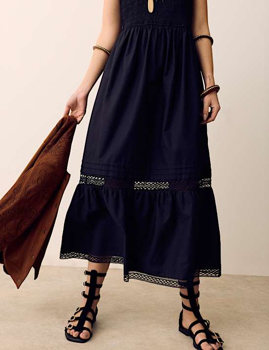 Pure Cotton Midi Shirred Dress