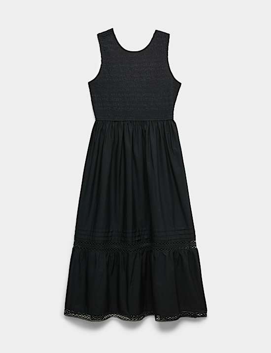Pure Cotton Midi Shirred Dress