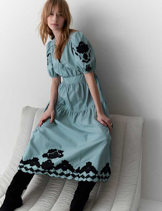 Pure Cotton Appliqu&eacute; Midaxi Waisted Dress