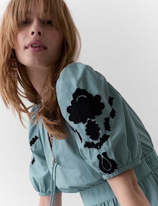 Pure Cotton Appliqu&eacute; Midaxi Waisted Dress