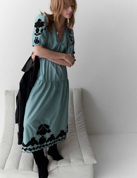 Pure Cotton Appliqu&eacute; Midaxi Waisted Dress