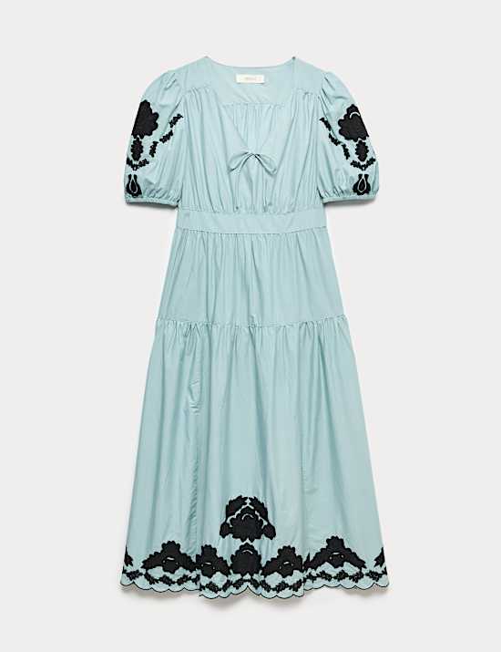 Pure Cotton Appliqu&eacute; Midaxi Waisted Dress