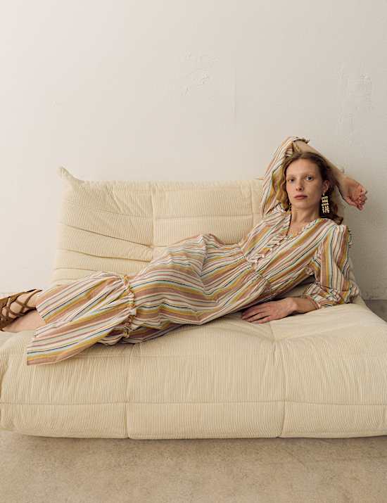 Robe midaxi 100 % coton &agrave; col en V et rayures