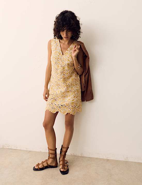 Cotton Blend Crotchet Mini Swing Dress