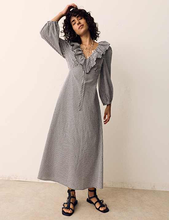 Cotton Rich Gingham Frill Neck Midaxi Dress