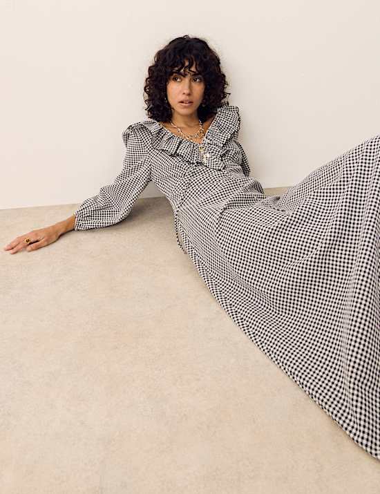 Cotton Rich Gingham Frill Neck Midaxi Dress