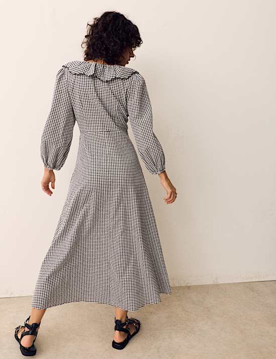 Cotton Rich Gingham Frill Neck Midaxi Dress
