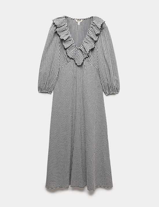 Cotton Rich Gingham Frill Neck Midaxi Dress