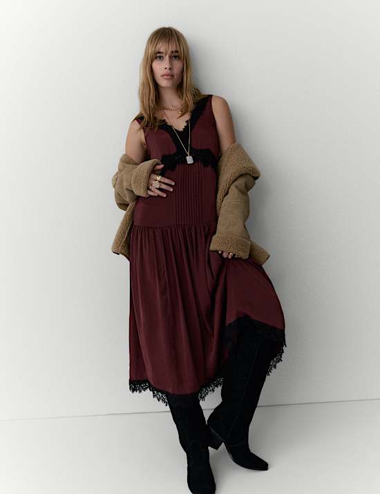 Satin Lace Detail Midi Drop Waist Dress