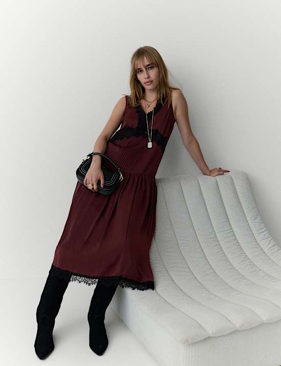 Satin Lace Detail Midi Drop Waist Dress