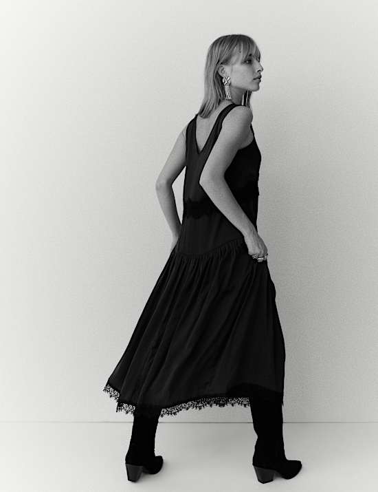 Satin Lace Detail Midi Drop Waist Dress