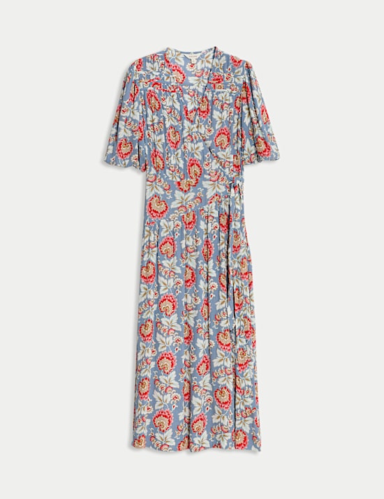 Floral V-Neck Gathered Midi Wrap Dress