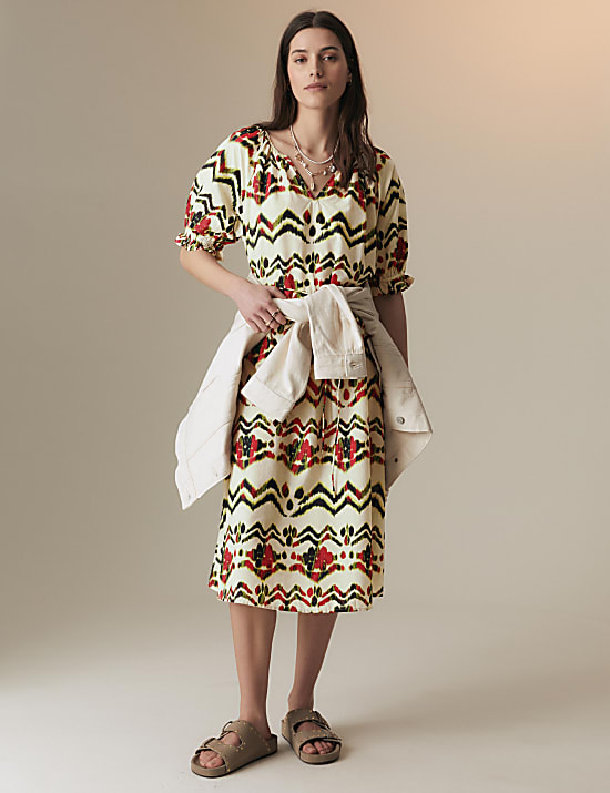 Pure Cotton Printed Midi Smock Relaxed Dress