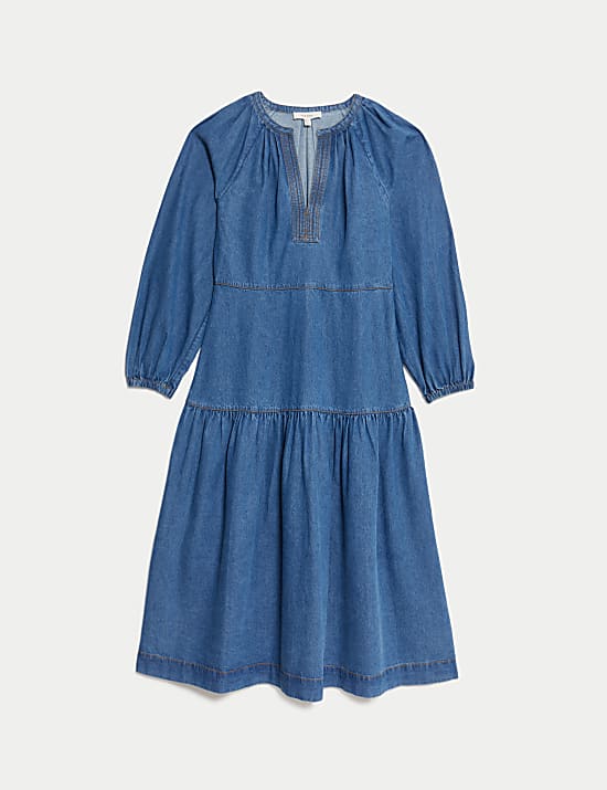 Robe midi en jean &agrave; taille &eacute;tag&eacute;e et col en V