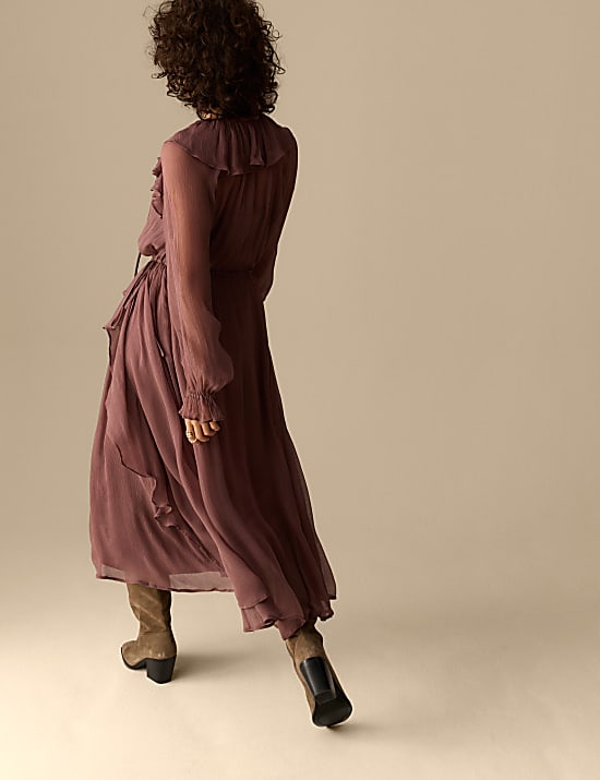 Cupro Ruffle Tie Neck Maxi Waisted Dress