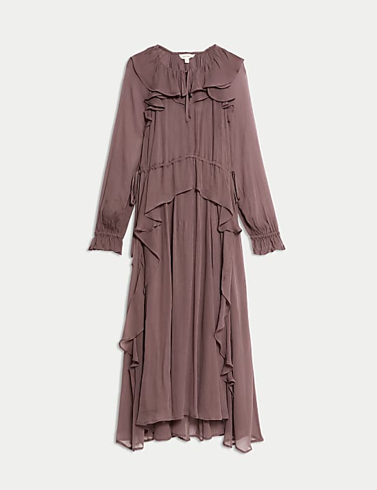 Cupro Ruffle Tie Neck Maxi Waisted Dress