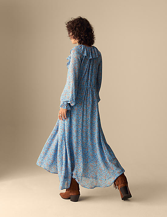 Gaun Berikat Pinggang Midaxi Rimpel Kerah Ikat Tali Bermotif