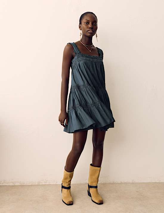 Lace Square Neck Mini Tiered Smock Dress