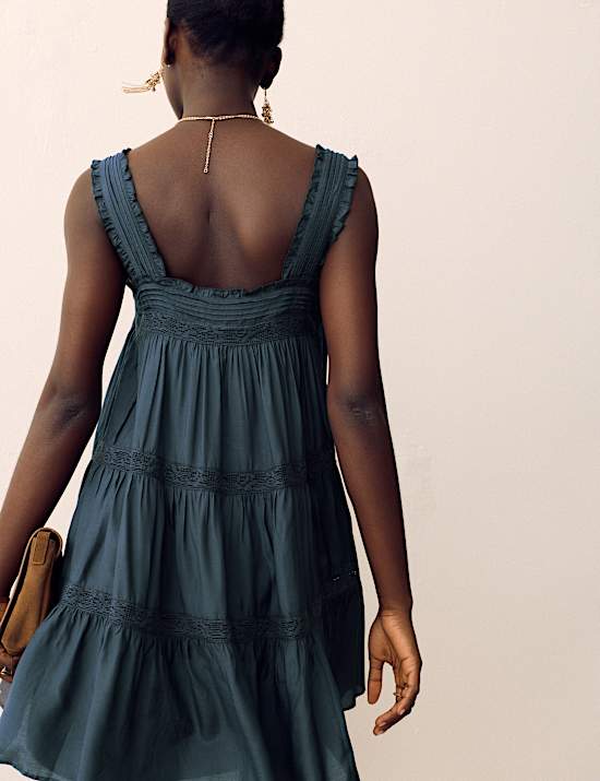 Lace Square Neck Mini Tiered Smock Dress