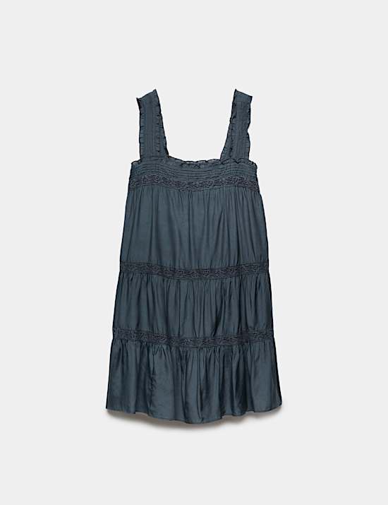 Lace Square Neck Mini Tiered Smock Dress