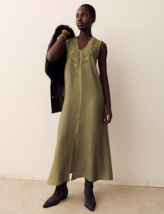 Satin Embroidered Midi Slip Dress