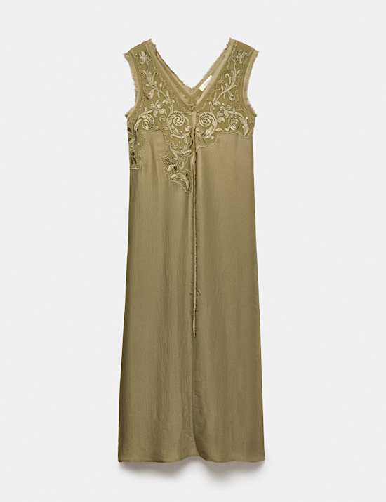Satin Embroidered Midi Slip Dress