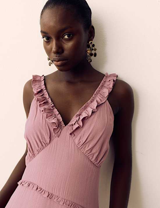 V-Neck Ruffle Detail Maxi Waisted Dress