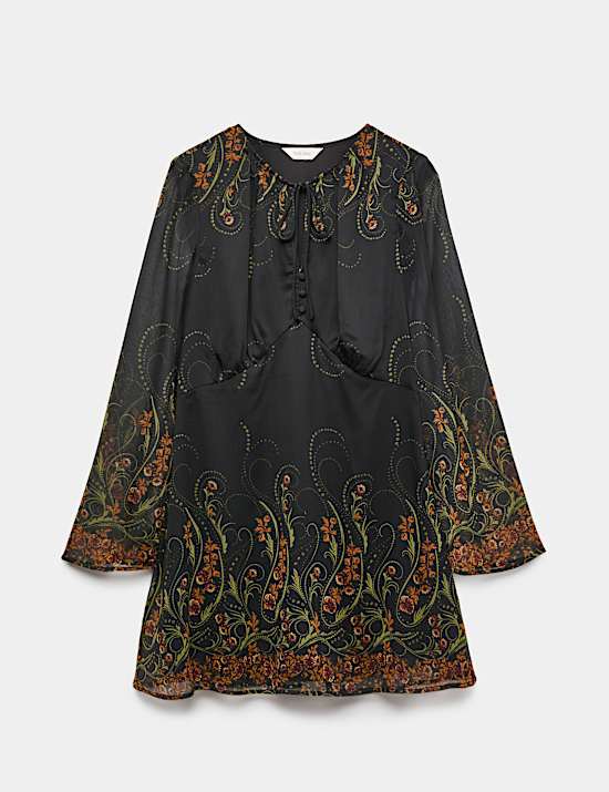 Gaun Smock Mini Hiasan Dasi Motif Bunga