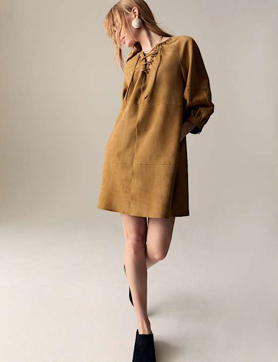 Suede Tie Detail Mini Shift Dress