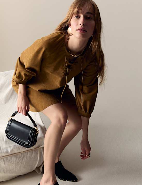 Suede Tie Detail Mini Shift Dress