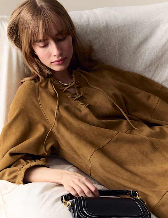 Suede Tie Detail Mini Shift Dress