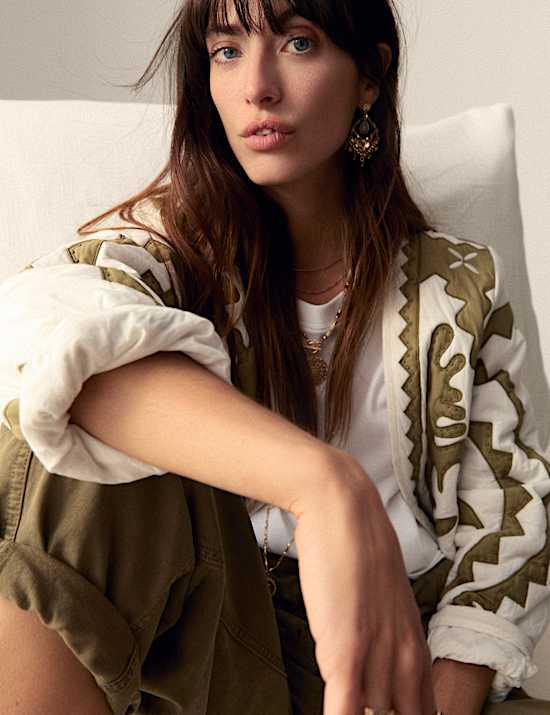 Pure Cotton Applique V-Neck Bomber Jacket