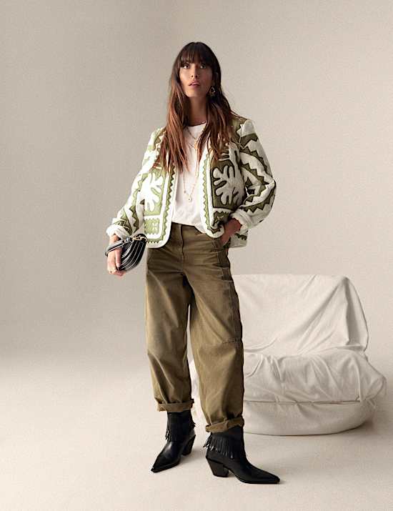 Pure Cotton Applique V-Neck Bomber Jacket