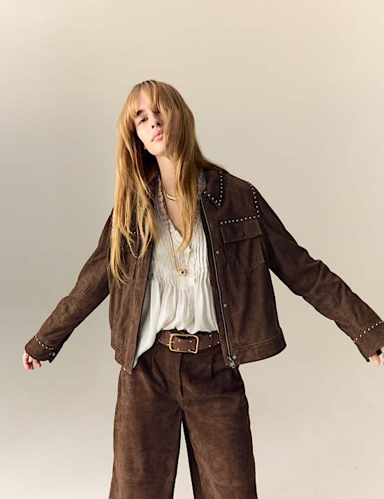 Suede Studded Collared Utility Jacket