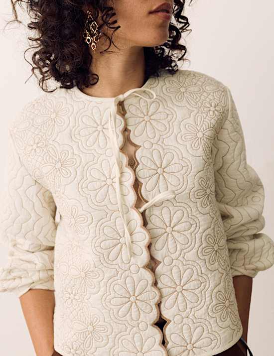 Scallop Tie Front Quilted Jacket