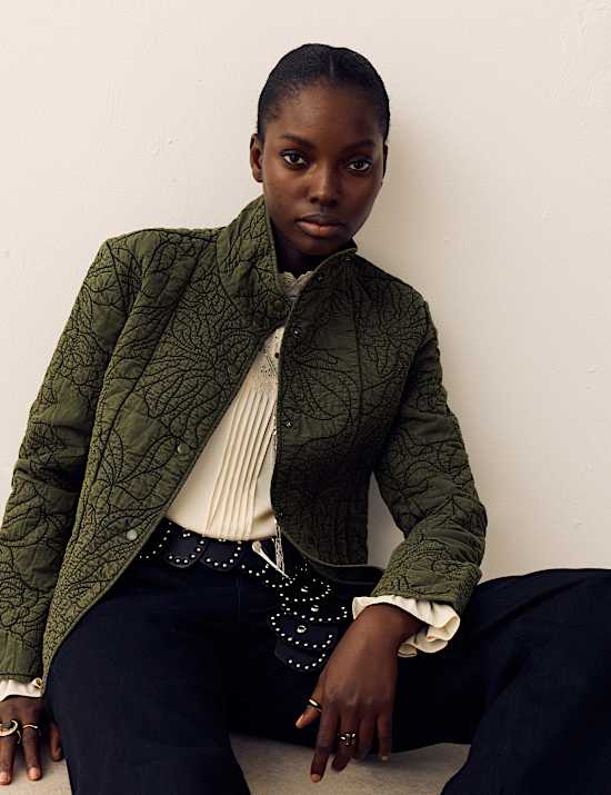 Embroidered Quilted Funnel Neck Jacket