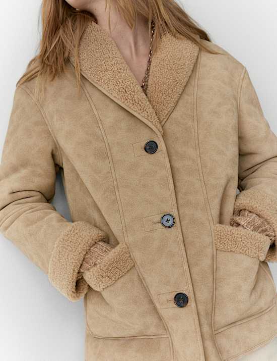 Faux Shearling Button Front Relaxed Jacket